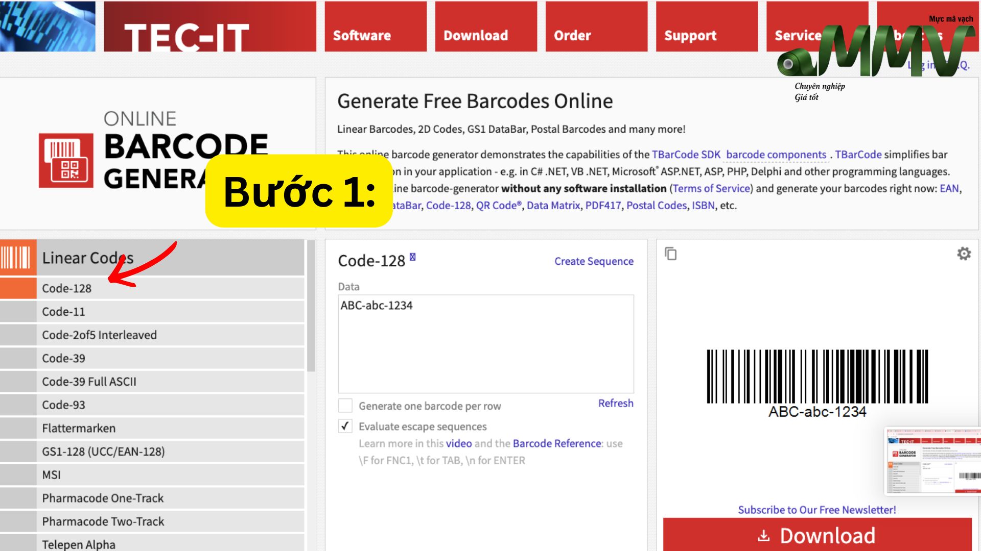 Tạo mã code 128 bước 1